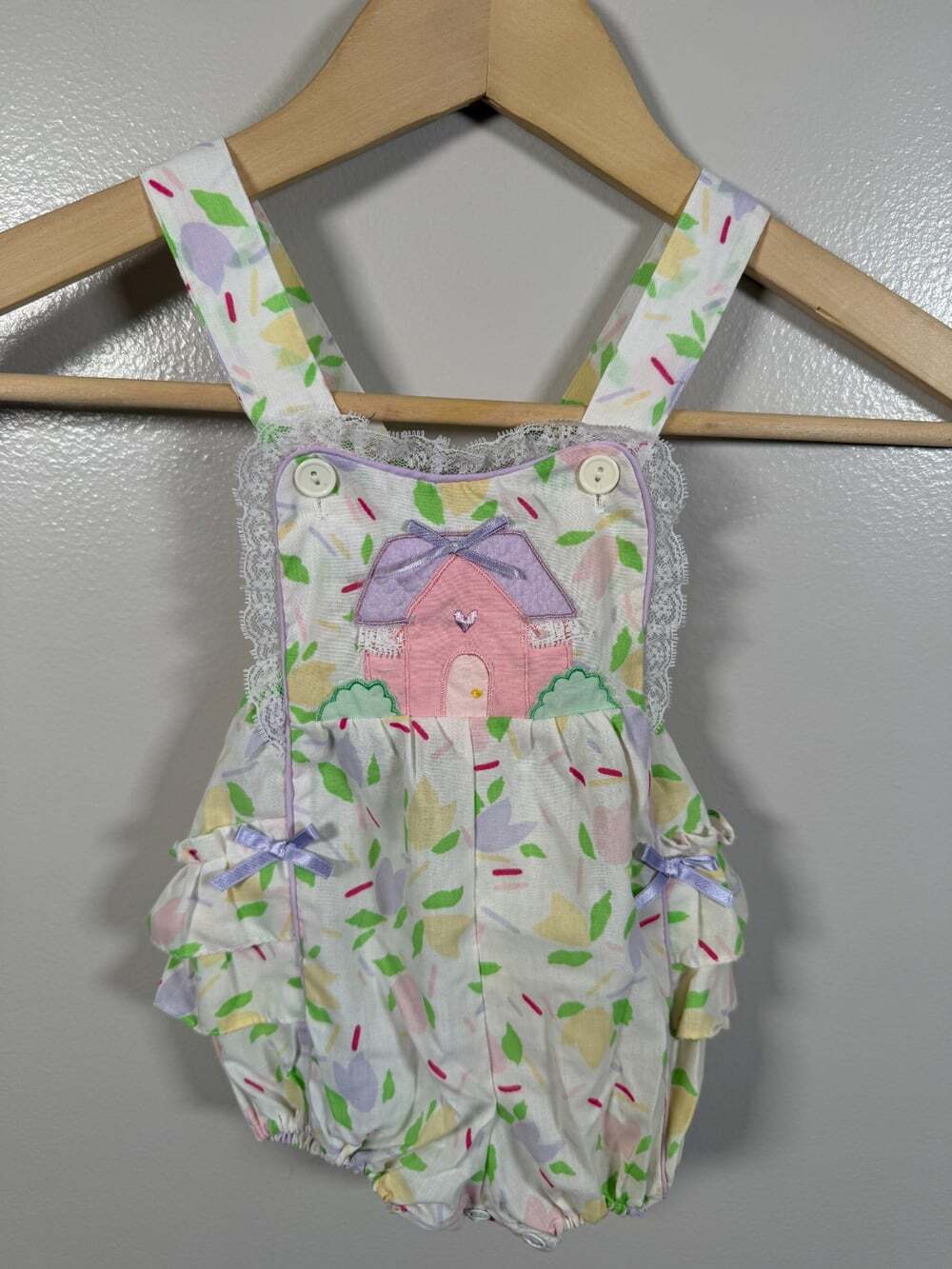 Vintage Mayfair Baby Bubble Romper Size 12 mths 90s Sunsuit Applique Cottage
